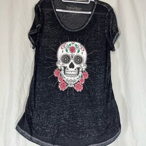 Rocker Girl Sugar Skull Rose Graphic Burnout Tee Charcoal Grey Womens 1XL
